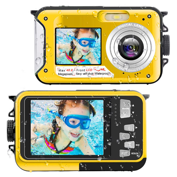 Waterproof Digital Camera Underwater Camera Full HD 2.7K 48 MP Video Recorder Selfie Dual Screens 16X Digital Zoom Flashlight Waterproof Camera for Snorkeling (Yellow) product image