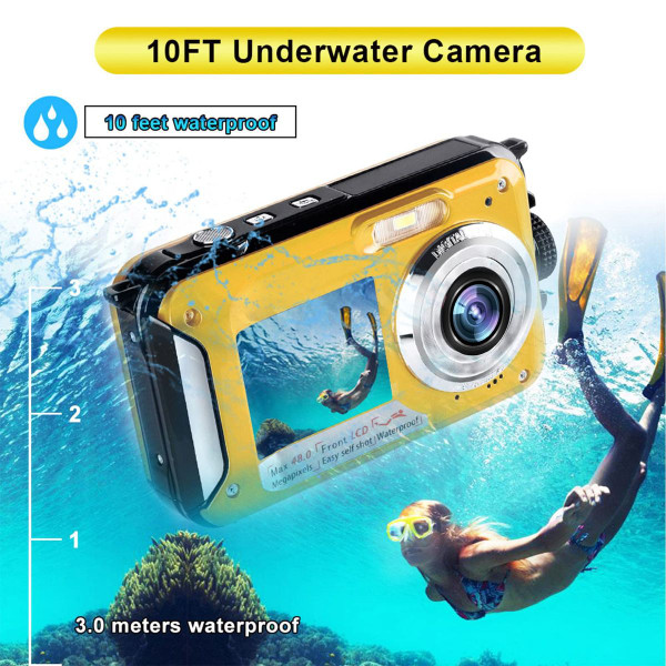 Waterproof Digital Camera Underwater Camera Full HD 2.7K 48 MP Video Recorder Selfie Dual Screens 16X Digital Zoom Flashlight Waterproof Camera for Snorkeling (Yellow) product image