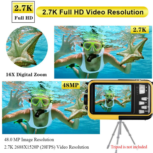 Waterproof Digital Camera Underwater Camera Full HD 2.7K 48 MP Video Recorder Selfie Dual Screens 16X Digital Zoom Flashlight Waterproof Camera for Snorkeling (Yellow) product image