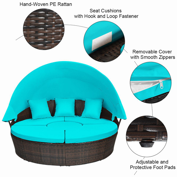 Patio Round Rattan Daybed with Retractable Canopy & Adjustable Coffee Table product image