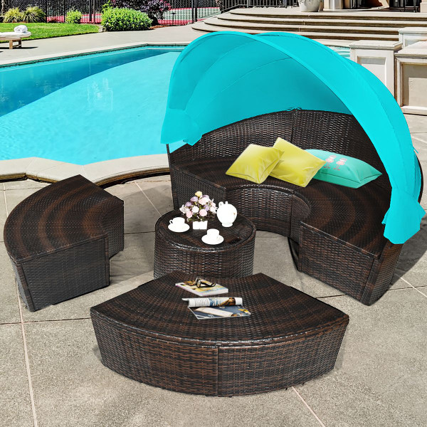 Patio Round Rattan Daybed with Retractable Canopy & Adjustable Coffee Table product image