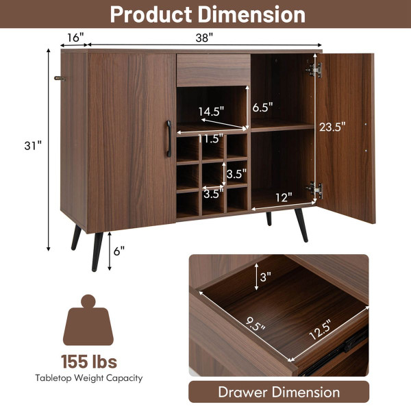 Mid-Century Modern Buffet Sideboard Server Cabinet with 9-Bottle Wine Rack product image