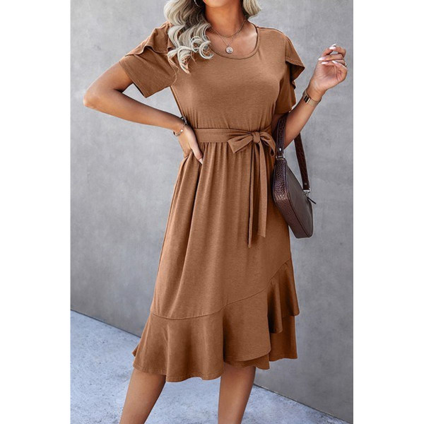 Women's Casual Scoop Neck Ruffle Sleeve Dress with High-Waist Belt product image