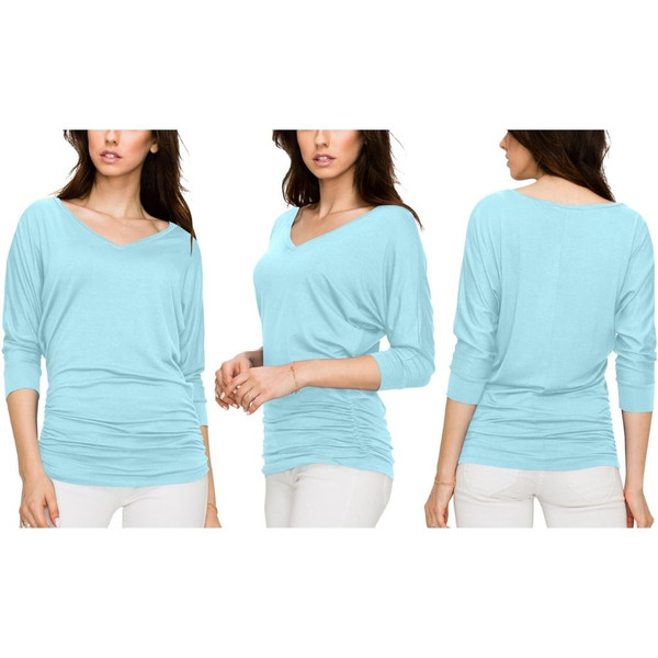 Women's V-Neck 3/4-Sleeve Drape Dolman Top with Side Shirring product image