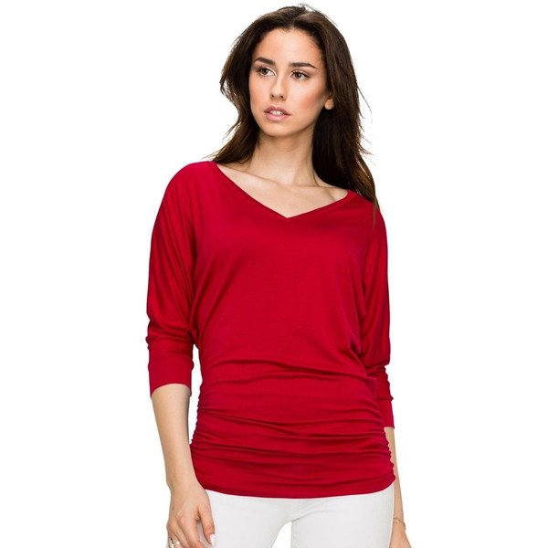 Women's V-Neck 3/4-Sleeve Drape Dolman Top with Side Shirring product image