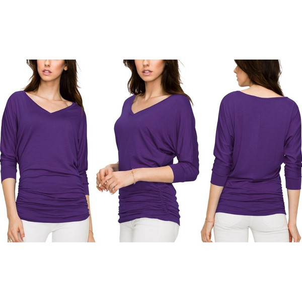 Women's V-Neck 3/4-Sleeve Drape Dolman Top with Side Shirring product image