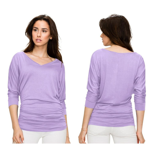 Women's V-Neck 3/4-Sleeve Drape Dolman Top with Side Shirring product image