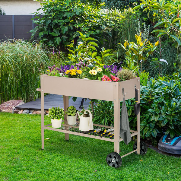 Metal Raised Garden Bed with Storage Shelf Hanging Hooks and Wheels product image