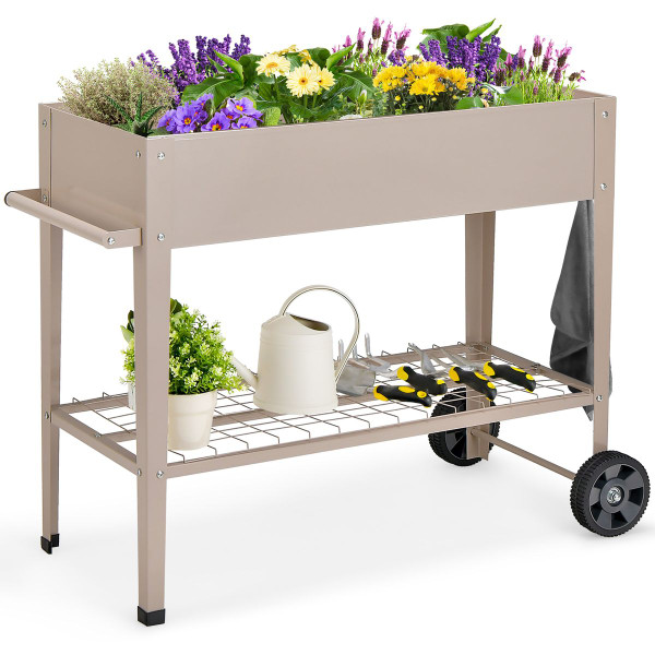 Metal Raised Garden Bed with Storage Shelf Hanging Hooks and Wheels product image