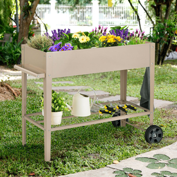 Metal Raised Garden Bed with Storage Shelf Hanging Hooks and Wheels product image