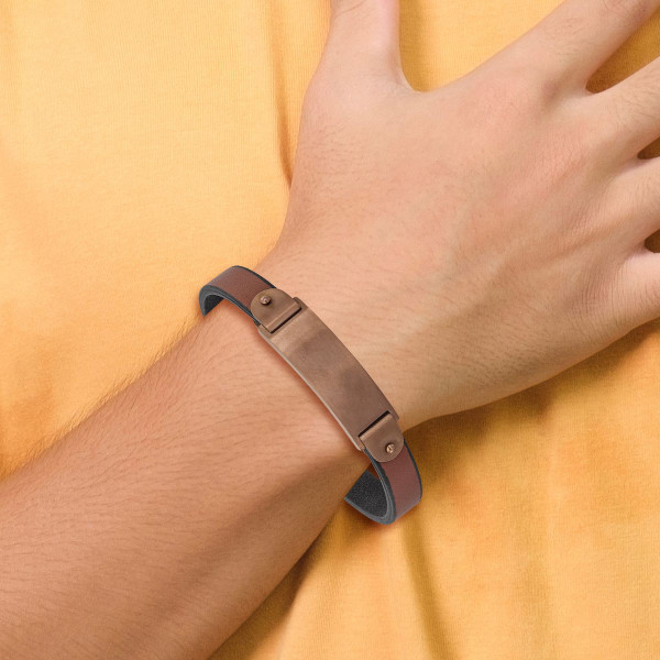 8.-5-inch Brushed IP-Plated Stainless Steel Leather Bracelet product image