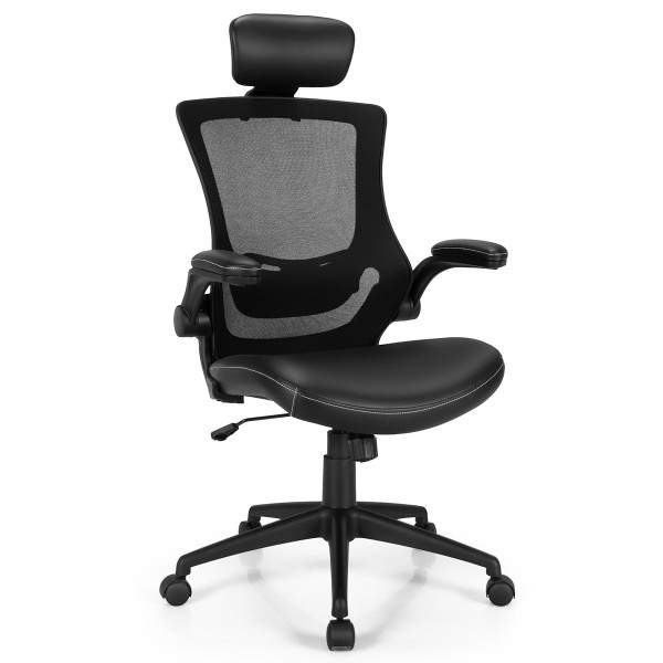Costway Mesh Swivel Office Chair with Flip-up Arms and Leather Seat product image