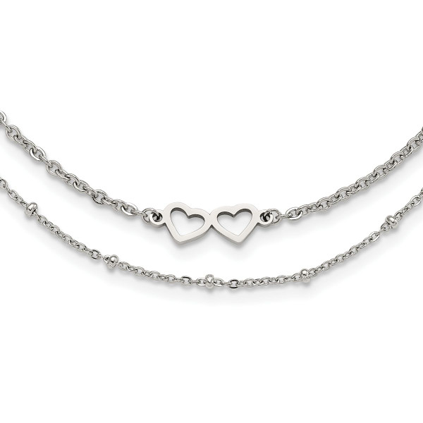 Stainless Steel Polished 2-Strand Double Heart Necklace with 1-Inch Extension product image