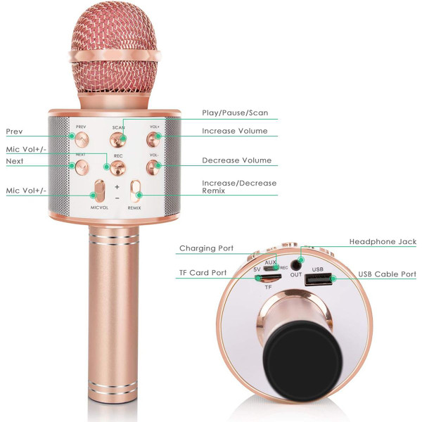 Wireless Bluetooth Kids Karaoke Microphone, 5 in 1 Portable Handheld Microphone with Adjustable Remix FM Radio for Boys Girls Birthday (Rose Gold) product image