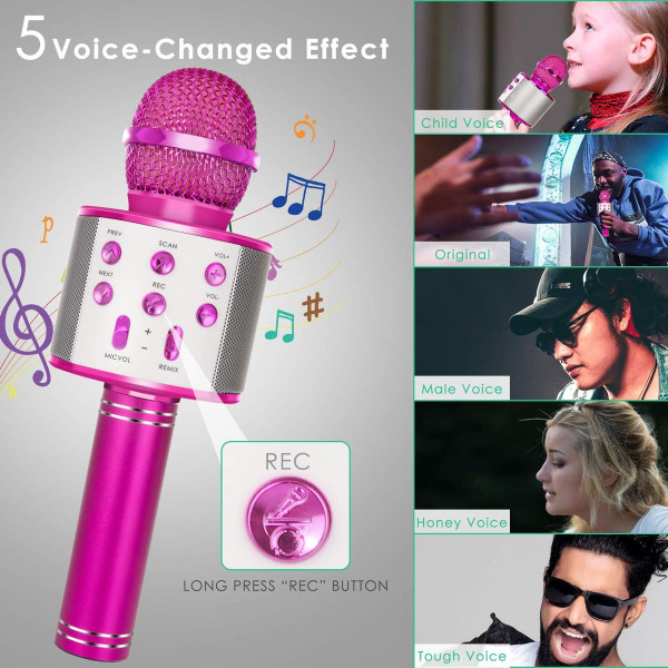 Wireless Bluetooth Kids Karaoke Microphone, 5 in 1 Portable Handheld Microphone with Adjustable Remix FM Radio for Boys Girls Birthday (Rose Red) product image