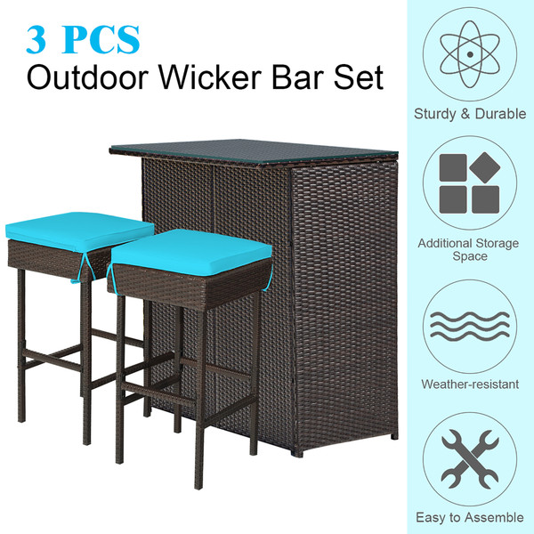 3-Piece Outdoor Rattan Wicker Bar Set with 2 Cushion Stools product image