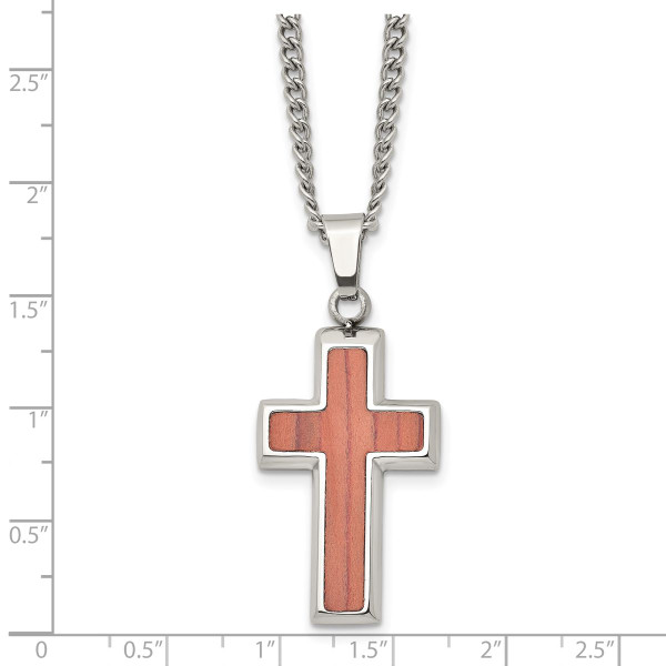 24-inch Stainless Steel Polished Wood Inlay Cross Necklace product image