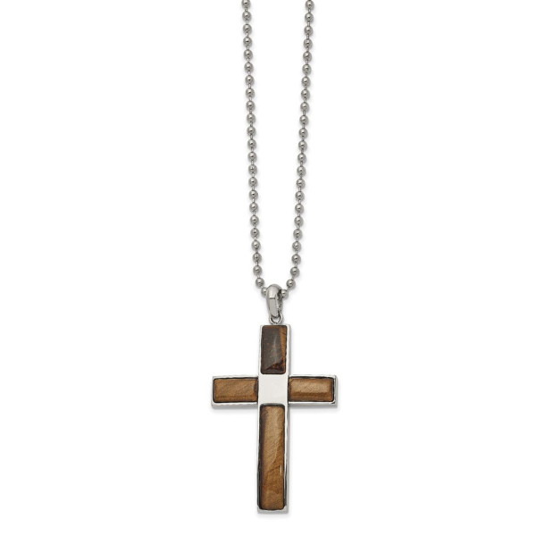 22-inch Stainless Steel Polished Tiger's Eye Cross Necklace product image