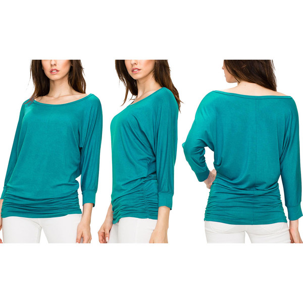 Women's Crew Neck 3/4 Sleeve Drape Dolman Top with Side Shirring product image