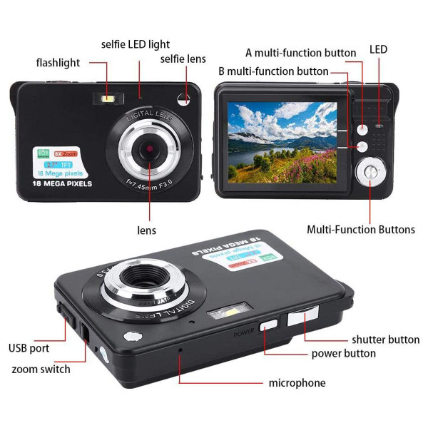 Digital Camera, 18MP COMS Sensor, HD Digital Video Camera, 8X Zoom Auto Focus Camera, USB 2.0 Port, Built-in Speaker, Battery Operated product image