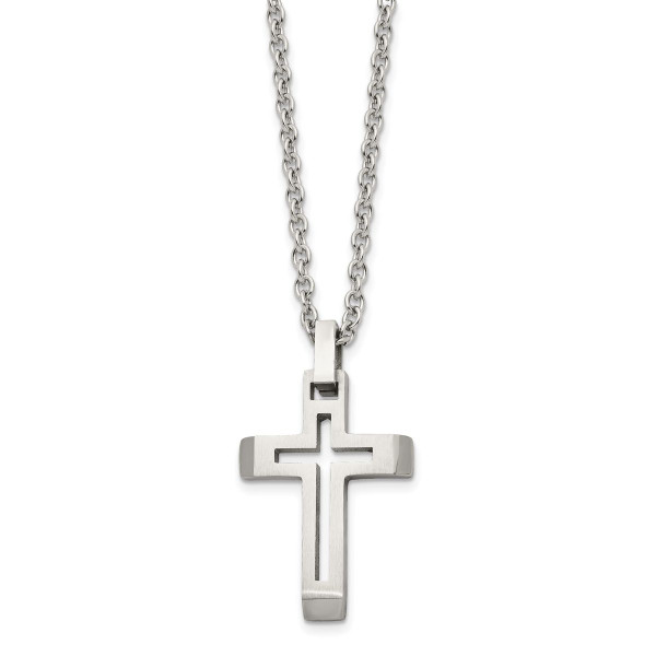 Brushed and Polished Stainless Steel Cut-Out Cross Necklace  product image