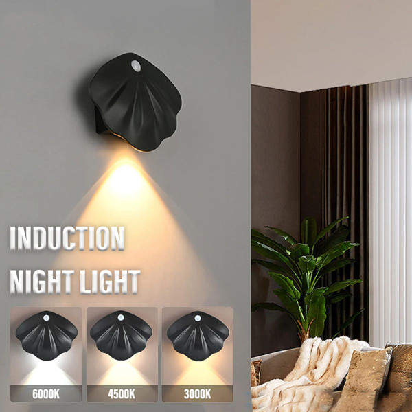 Motion Sensor LED Wall Lamp,USB Type-C Night Lighting Wireless For Living Room,Home Staircase Shell Decoration Color Black product image