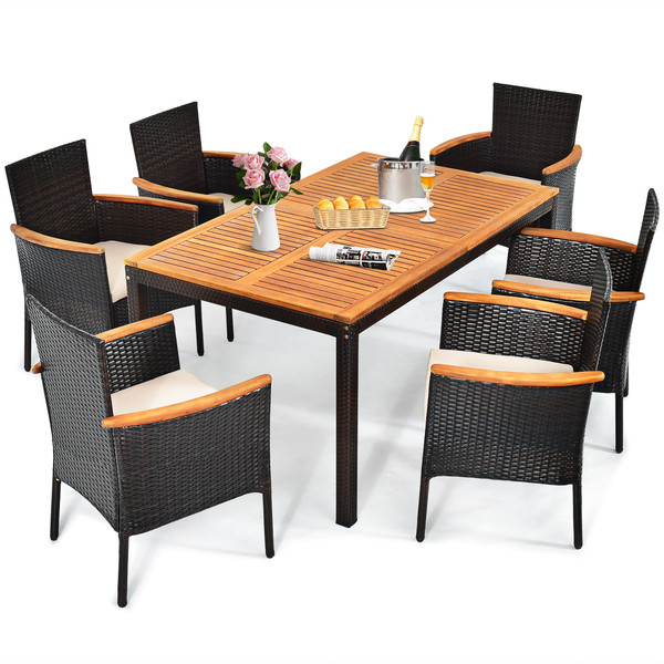 7-Piece Rattan Patio Dining Set with Stackable Chairs & Umbrella Hole product image