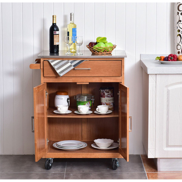 Wooden Kitchen Rolling Storage Cabinet with Stainless Steel Top product image