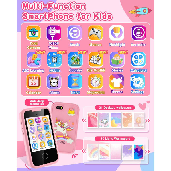 Smart Touch Screen Kids Phone Unicorn Gifts for Girls Age 6-8 with Dual Camera Music Game Learning Toy Phone Christmas Birthday Gifts for Girls product image