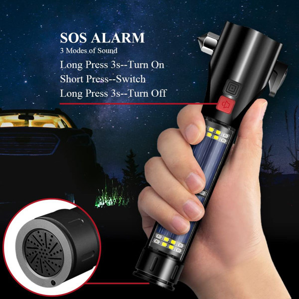 Car Safety Hammer Flashlight  LED High Lumens Rechargeable Solar Powered Escape Kit, Window Glass Breaker and Seatbelt Cutter(Black) product image