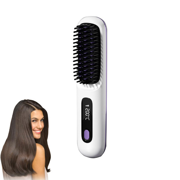 Cordless Hair Straightener Brush with 3 Setting LED Temperature Display Electric Negative Ions Ceramic Hot Comb 360 Anti-Scald Color White product image