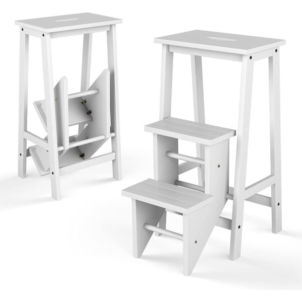3-in-1 Rubberwood 3-Tier Folding Step Stool Ladder Storage Shelf product image