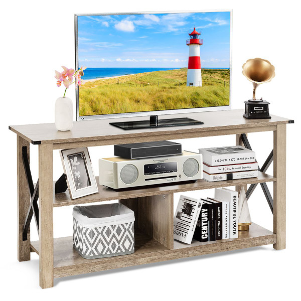 3-Tier Wood TV Stand for 55-Inch TVs with Open Shelves & X-Shaped Frame product image