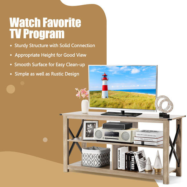 3-Tier Wood TV Stand for 55-Inch TVs with Open Shelves & X-Shaped Frame product image