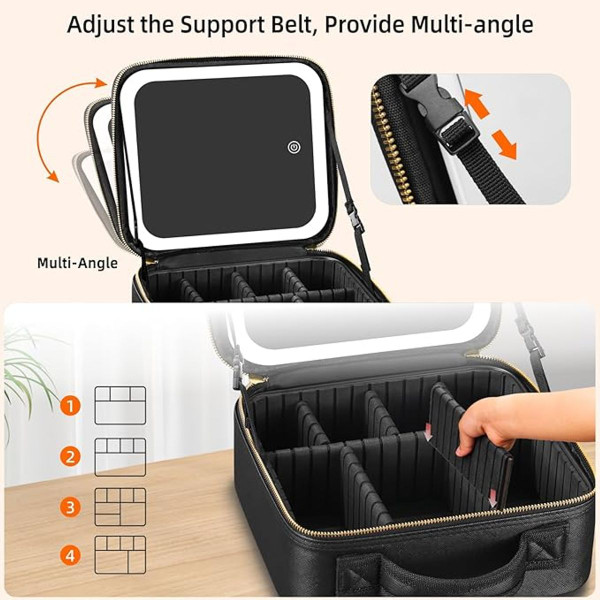 Travel Makeup Bag with Adjustable Dividers & LED Mirror product image
