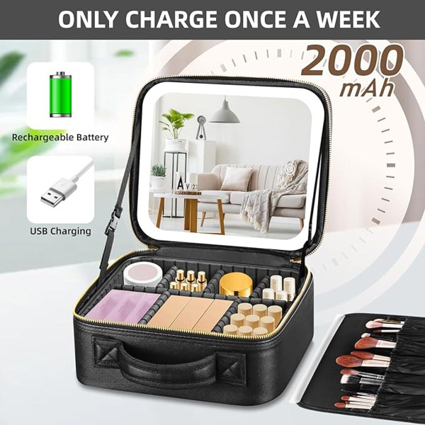 Travel Makeup Bag with Adjustable Dividers & LED Mirror product image