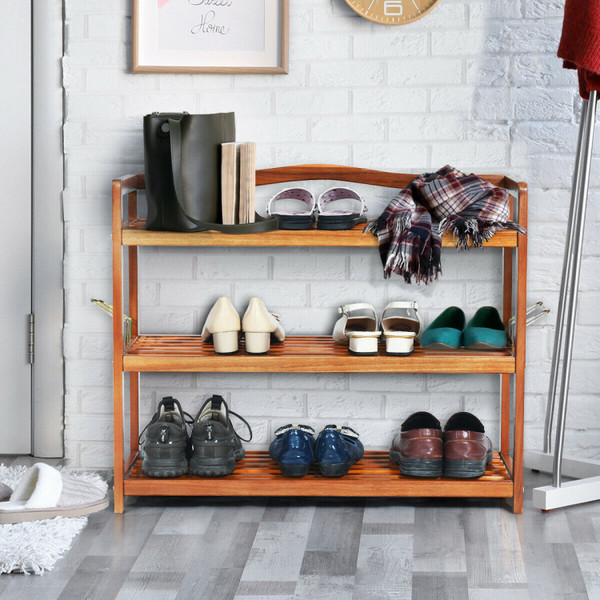 2-Tier/3-Tier Acacia Wood Shoe Rack with Side Metal Hooks product image 2-Tier/3-Tier Acacia Wood Shoe Rack with Side Metal Hooks product image