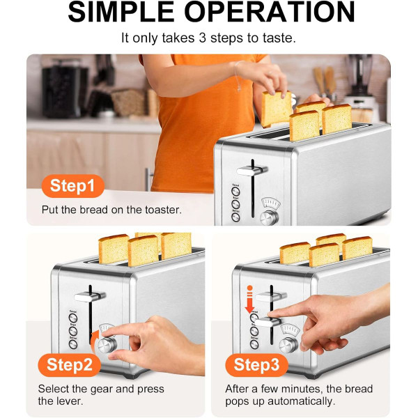WHALL® T31269BW 4-Slice Long Slot Stainless Steel Toaster product image