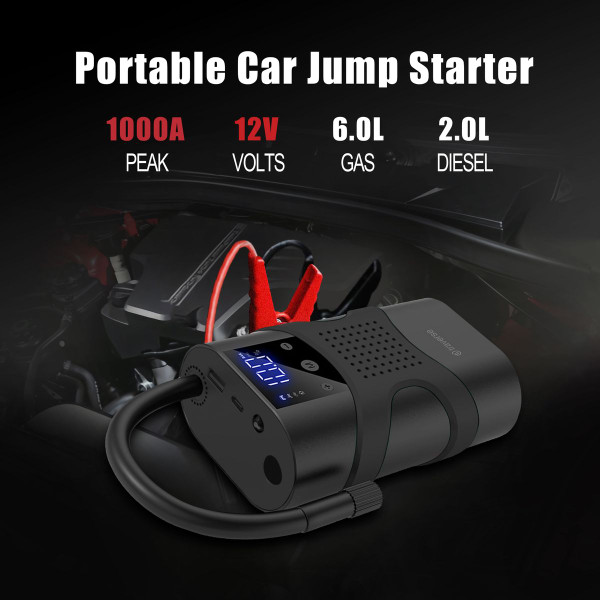 2-in-1 1000A Jump Starter & Tire Pump, 150 PSI Inflator product image