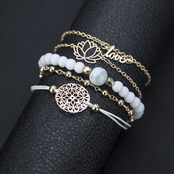 5-Piece White Chakra Rose Gold-Tone Filigree Circle Love Bracelet Set product image