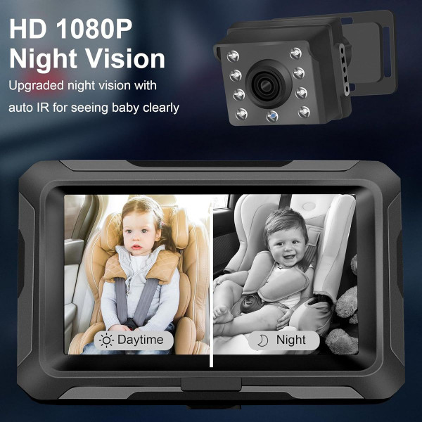 Car Baby Monitor, 4.3 Inch Camera Monitor Set, 360 Degree Rotation, Wide View, 1080P Infrared Night Vision Surveillance Camera, Stroller Mirror, Safe, Rear Facing product image