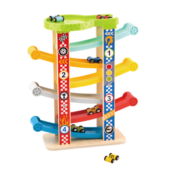 3D Wooden Zig-Zag Racetrack Sliding Tower with 6 Toy Cars product image