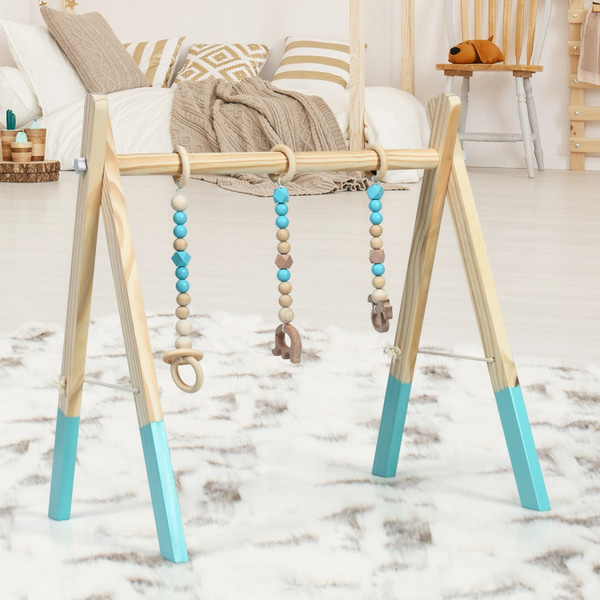 Goplus Foldable Wooden Baby Gym with 3 Wooden Teething Toys Hanging Bar Gra product image