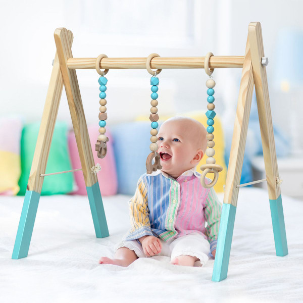 Goplus Foldable Wooden Baby Gym with 3 Wooden Teething Toys Hanging Bar Gra product image