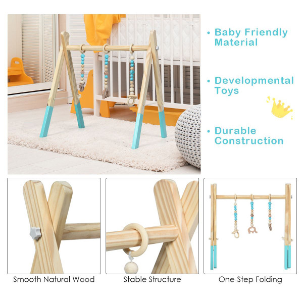 Goplus Foldable Wooden Baby Gym with 3 Wooden Teething Toys Hanging Bar Gra product image