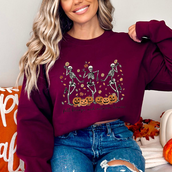Women's 'Fall Breeze and Autumn Leaves' Skeleton Graphic Sweater product image