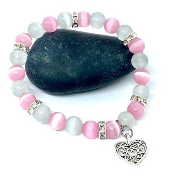 Colorful Cat's Eye Beaded Stretch Bracelet with Heart Charm product image