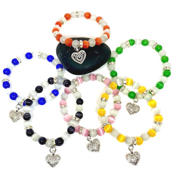 Colorful Cat's Eye Beaded Stretch Bracelet with Heart Charm product image