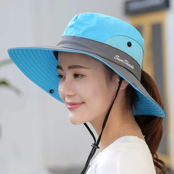 Women's Wide Brim UV Protection Mesh Sun Hat with Ponytail Hole product image