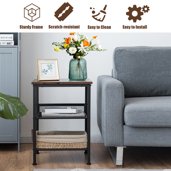 3-Tier Industrial End Table with Mesh Shelves and Adjustable Shelves product image